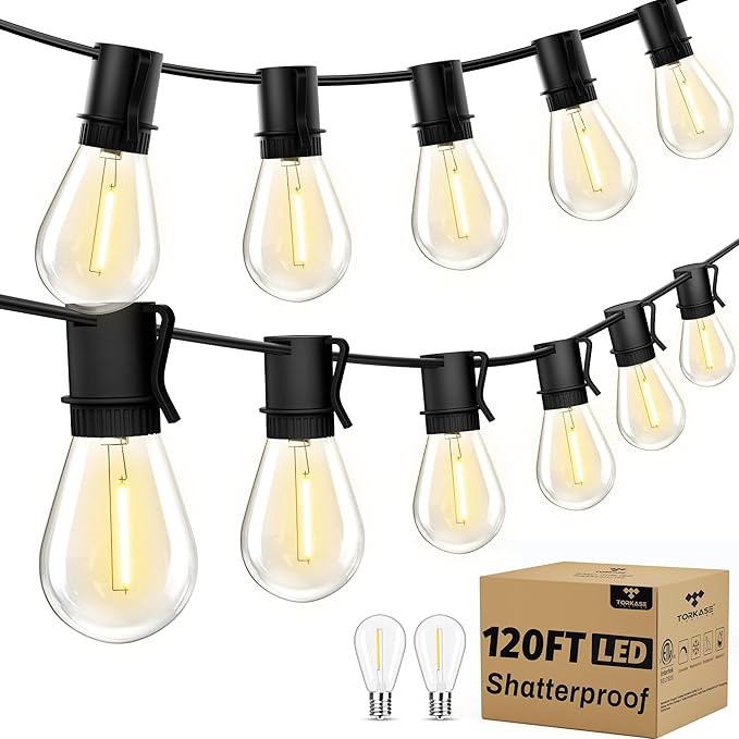 Torkase Outdoor String Lights 120FT S14 Patio Light 30+2 S14 Edison Bulbs 2200K Waterproof Connectable Dimmable Hanging Lights for Cafe Deck Party