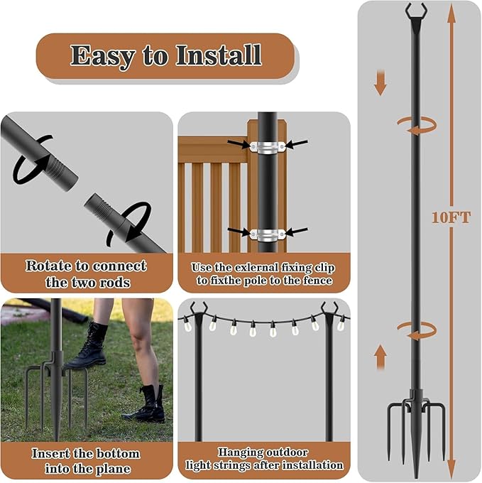 10 Pack String Light Poles,Metal Poles for Hanging Outdoor Light Strings,7 Pack 10 FT Light Poles Stand for Outside | Lumora