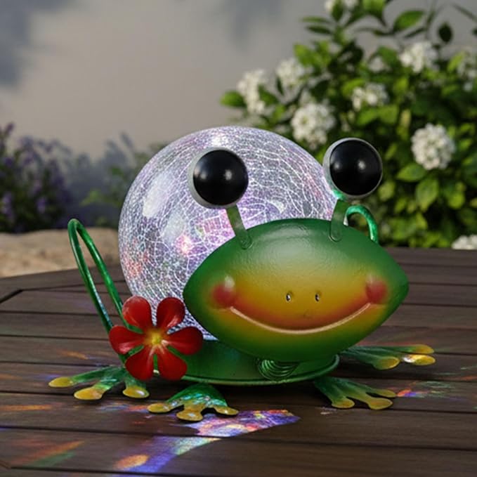 Solar Lights Outdoor Frog Garden Decor with Crackle Glass Globe Lights - Cute Metal Frog Decor for Yard Lawn Patio | Lumora