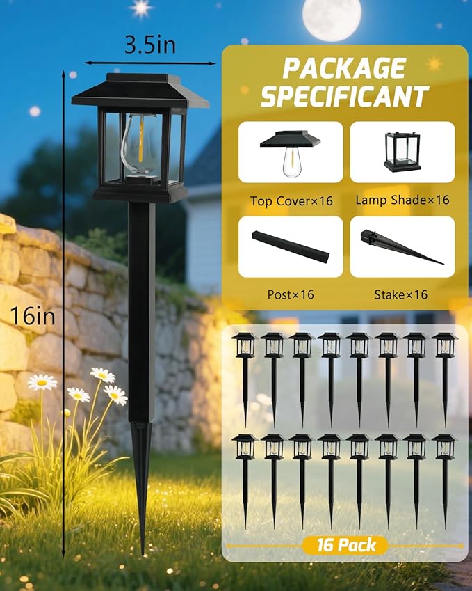 16-Pack Solar Lights Outdoor (Extra-Bright & Smart Auto On/Off), Solar Powered Garden Lights, Waterproof Solar | Lumora