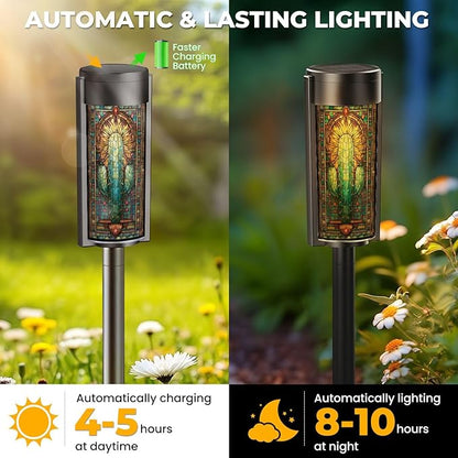 8 Pack Solar Pathway Lights Outdoor Waterproof Stained Glass Window Cactus Sunset Desert Western Motifs Solar Garden Lights LED Landscape Lighting for Yard Walkway Lawn Garden Decor
