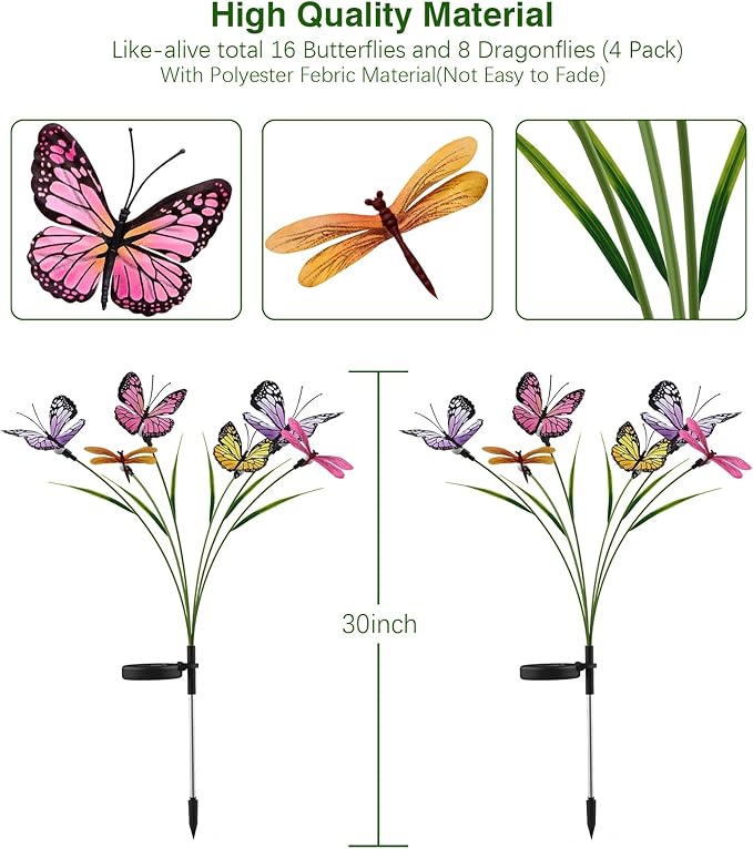 Aiscool Solar Garden Lights, 4 Pack Swaying in The Wind Outdoor Butterfly Stakes Swaying Dance Outside Yard Lawn Patio Pool Decorative Solar Powered Pathway Summer Decoration, IP65 Waterproof