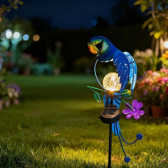 Solar Powered Parrot Garden Stake Light, Warm White LED Crackle Globe Light, Waterproof Metal & Glass Outdoor Decor for Yard, Pathway, Lawn, Patio, and Bird Lover Gift