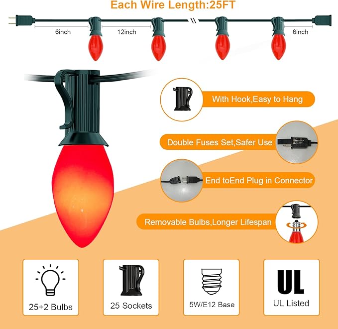 25Ft C7 Red Christmas Lights, C7 Vintage Christmas String Lights with 27 Red Ceramic Bulbs,Roofline Light String | Lumora