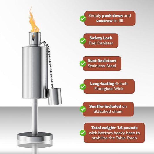 Table Top Torch Canister - 10.5in Tall Stainless Steel Refillable Citronella Torches Outdoor - Tabletop Torches for Outside Patio or Deck - Oil Lamp Outdoor Lighting by Pure Garden
