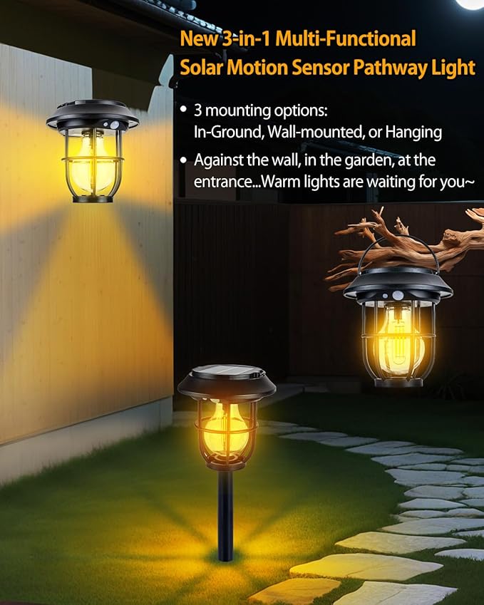 Solar Pathway Lights Outdoor Motion Sensor 2 Pack, 3 Lighting Mode, 3-in-1 In-ground/Wall Mount/Hanging, Auto On/Off Waterproof Warm Solar Lantern for Yard Lawn Patio Garden Landscape Walkway Driveway