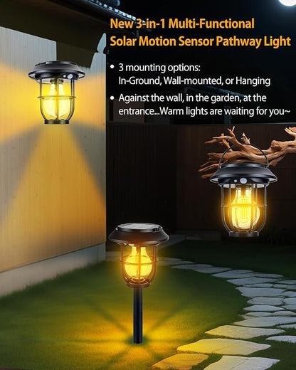 Solar Pathway Lights Outdoor Motion Sensor 2 Pack, 3 Lighting Mode, 3-in-1 In-ground/Wall Mount/Hanging, Auto On/Off Waterproof Warm Solar Lantern for Yard Lawn Patio Garden Landscape Walkway Driveway