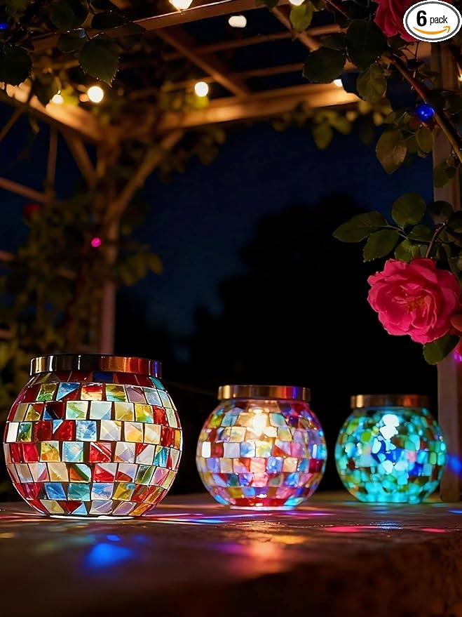 Cooo 6 Pack Gift for her him Landscape Lighting Path Lights Heavy Solar Mosaic Lantern with RGB Color-Changing Light – Dual Solar Panels, Red Amber Glass Tiles, Waterproof Outdoor