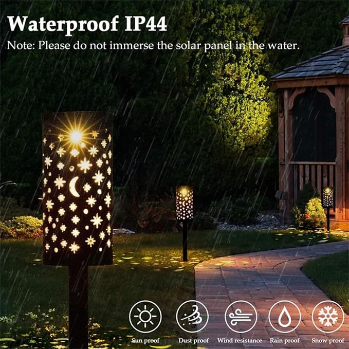 4pcs Solar Lawn Stake Lamps Iron Hollow Star Moon Design Solar-Powered Outdoor Garden Path Lights Decorative Landscape Lighting for Yard