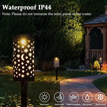 4pcs Solar Lawn Stake Lamps Iron Hollow Star Moon Design Solar-Powered Outdoor Garden Path Lights Decorative Landscape Lighting for Yard