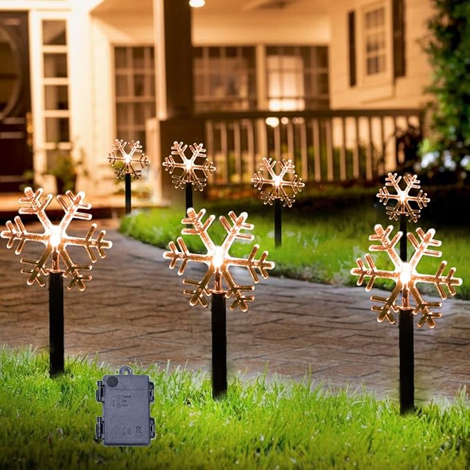 Christmas Snowflake Pathway Lights Outdoor,6.3Ft Battery Operated LED Stake Lights with Timer for Lawn Yard Walkway Garden Decor Xmas Marker Decorations,5 Pack Decorative Landscape Lighting Warm White
