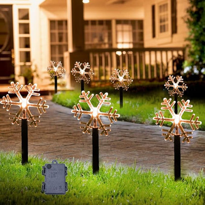 Christmas Snowflake Pathway Lights Outdoor,6.3Ft Battery Operated LED Stake Lights with Timer for Lawn Yard Walkway Garden Decor Xmas Marker Decorations,5 Pack Decorative Landscape Lighting Warm White