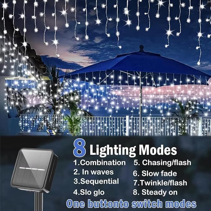 Solar LED Icicle String Lights, 160 LED, 8 Lighting Modes, Waterproof Outdoor Christmas Fairy Lights for Yard Garden Decoration, Pack of 1