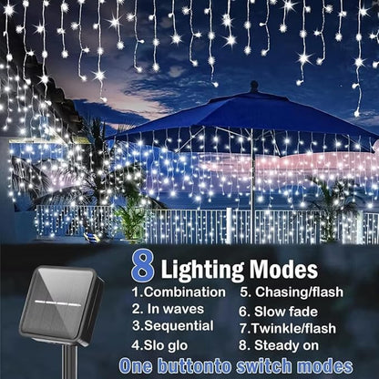 Solar LED Icicle String Lights, 160 LED, 8 Lighting Modes, Waterproof Outdoor Christmas Fairy Lights for Yard Garden Decoration, Pack of 1
