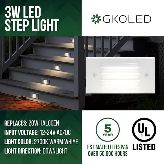 GKOLED Low Voltage Outdoor Step Lights 12V 3W Stair Lighting with Horizontal Louvered Faceplate, Surface Mount Suitable for Steps Decks Pathway Yard Fences, 2700K, Waterproof, UL Listed, 6 Pack