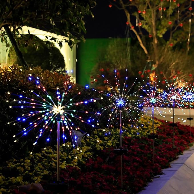 Solar Garden Firework Lights Outdoor Waterproof, 2 Pack 150 LED 8 Lighting Modes Sparklers Solar Twinkling Starburst Lights for Yard Flowerbed Pathway Fence Decorations, Multicolor