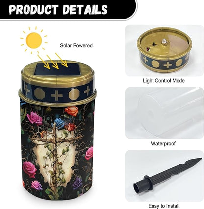 Cemetery Solar Lights for Grave,Cross-Watercolor Floral Solar Garden Stake Lights for Yard Patio Black Outdoor Solar Pathway Lights Waterproof Flameless Warm White LED Solar-Lantern