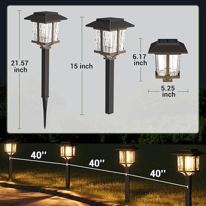 XMCOSY+ Solar Lights Outdoor Waterproof IP65 10/25 LM LED with 2 Lighting Modes 6 Pack | 15 LM Garden Lights with Metal Glass, 2-Tone Bronze & Wood (Color) Pathway Lights 4 Pack (Warm White)