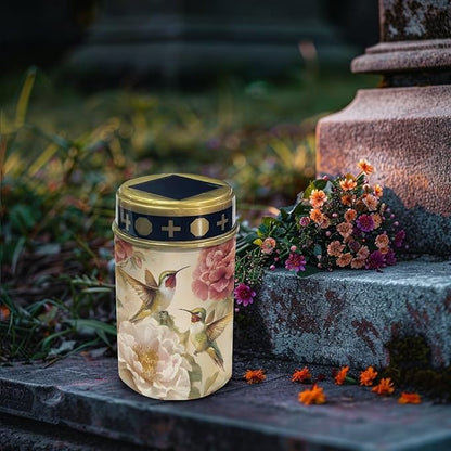 ZOUTAIRONG Solar Light for Cemetery Grave Durable Solar Garden Lights Landscape Lighting Pathway Light Cemetery 2 Pack, Floral Hummingbirds Print