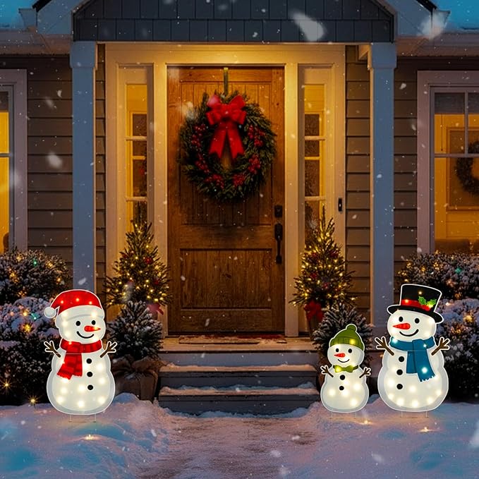 Large Illuminated Christmas Snowman Outdoor Decoration, 3-Piece pre-Installed Light 2D Snowman Family Set, Equipped with 30 Warm White Lights, Suitable for Balconies, lawns, and Gardens