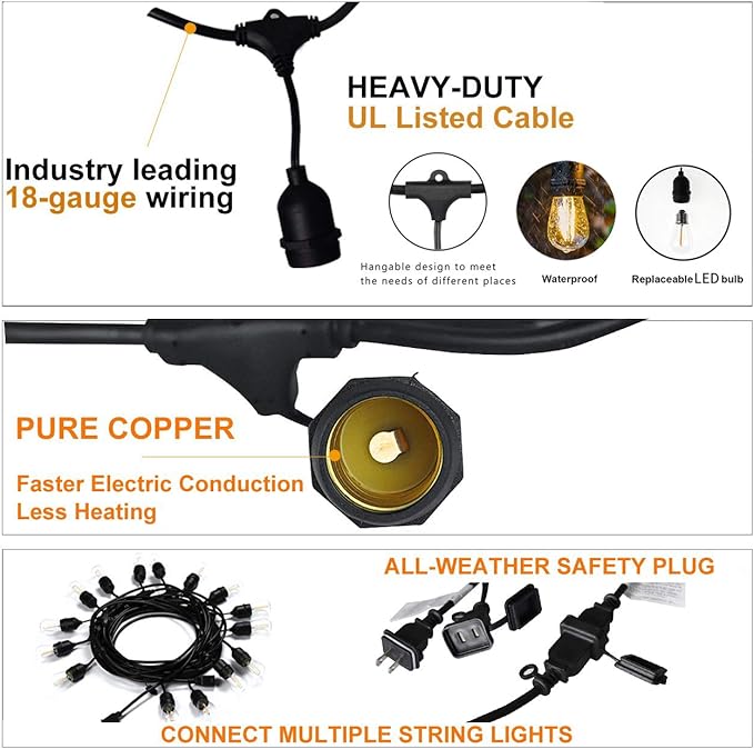 Svater Outdoor String LED Lights 50FT with 2W 48FT S14 Commercial Grade String Lights | Lumora