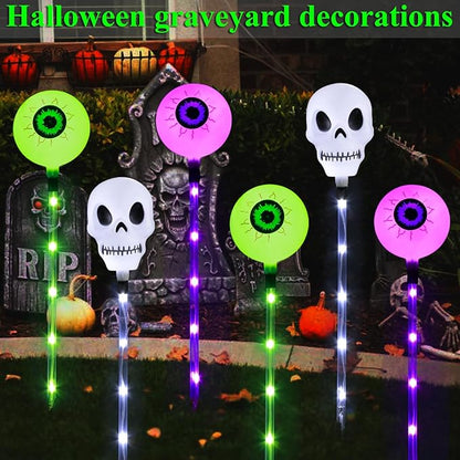Halloween Decorations Outdoor Solar Garden Lights,6 Pack Scary Eyeball Skull Outside Decor,8 Modes Solar Halloween Lights for House Grave Patio Yard Lawn Pathway Halloween Party Ghost Decor