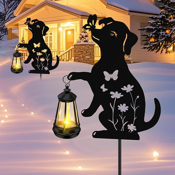 Solar Garden Statues Dog Decor - Outdoor Metal Lantern Silhouette Stake, Waterproof Solar Lights for Yard Patio | Lumora