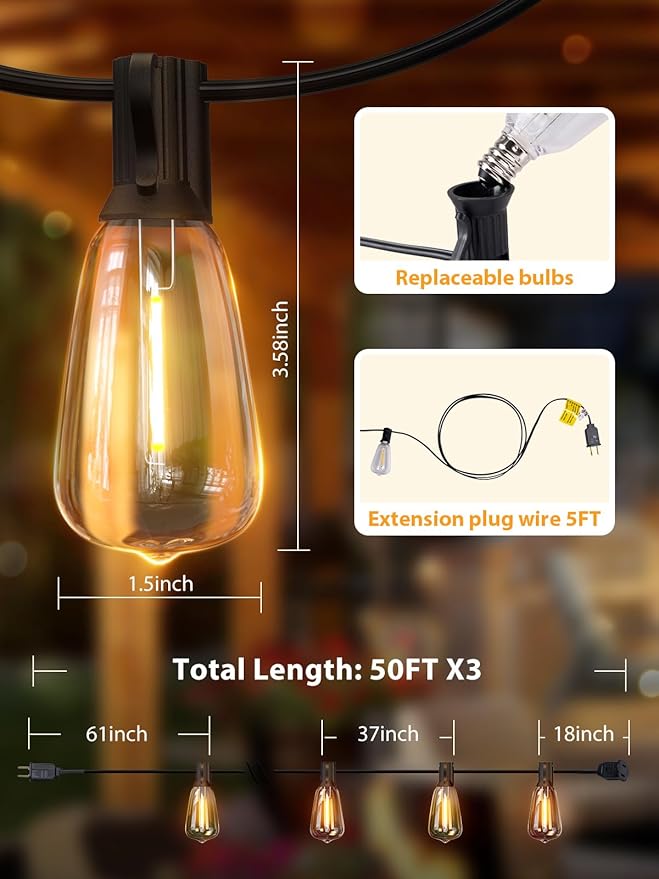 addlon 150 FT (3x50FT) Outdoor String Lights with Remote,Waterproof Patio Lights ETL Listed with 45+3 Shatterproof Dimmable ST38 LED Bulbs,2700K Connectable Outdoor Lighting for Backyard Bistro Garden