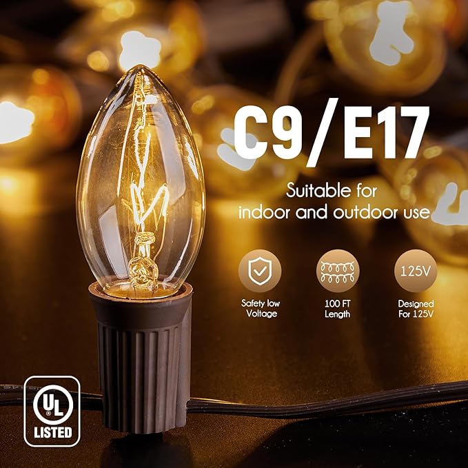 Brightown C9 Light Strand, 2 Pack 100 FT Outdoor String Lights Christmas Stringer with 100 Sockets for Christmas | Lumora