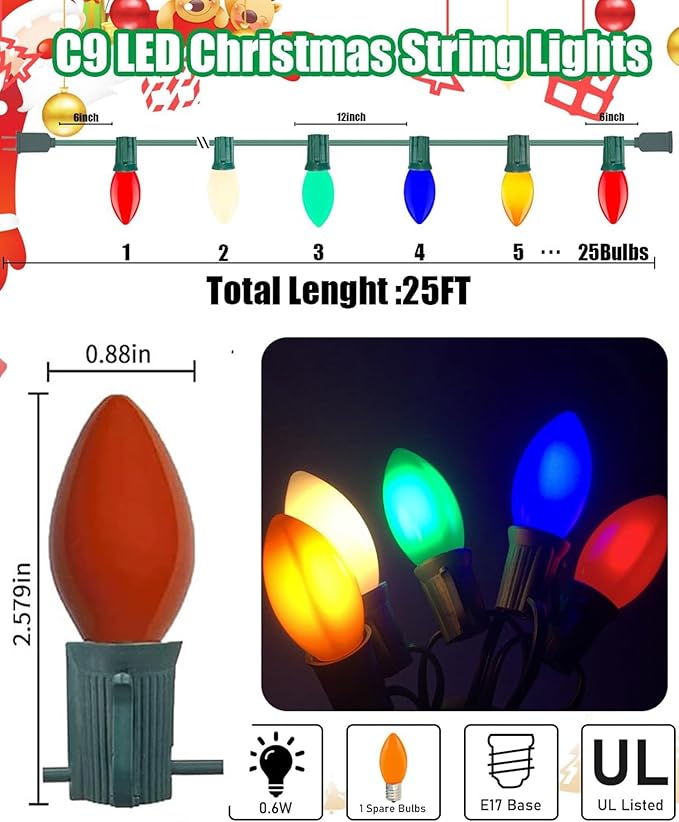 Sxminer C9/E17 LED Christmas Vintage Lights 25Ft Outdoor String Lights with 27 Multicolor LED Bulbs for Holidays Christmas Prom Party Wedding- Green Wire