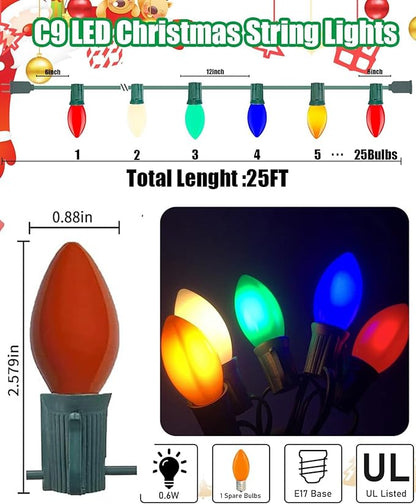 Sxminer C9/E17 LED Christmas Vintage Lights 25Ft Outdoor String Lights with 27 Multicolor LED Bulbs for Holidays Christmas Prom Party Wedding- Green Wire