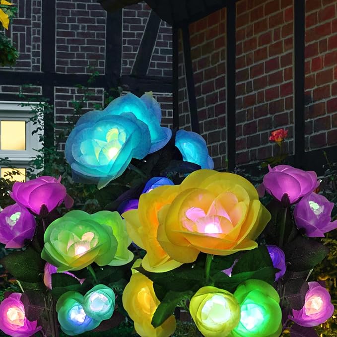 Solar Rose Garden Lights Outdoor Decorative, 7 Color Changing Solar Flower Lights Waterproof, 40H Solar Powered Pathway Lights for Yard Lawn Patio Walkway Landscape Decor, 2pcs