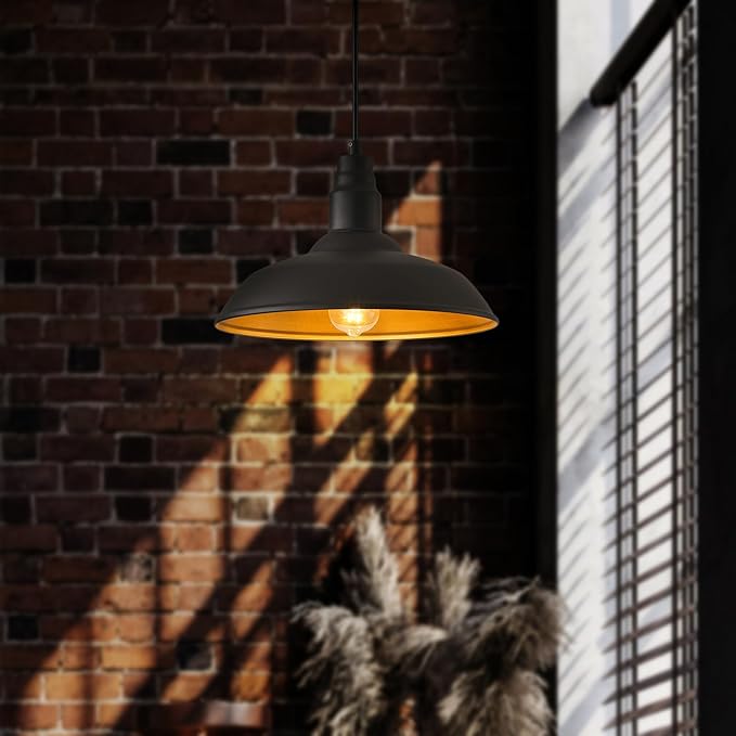2 Pack Farmhouse Pendant Light for Kitchen, 14in Large Industrial Hanging Lights with Brass Interior, Indoor and | Lumora