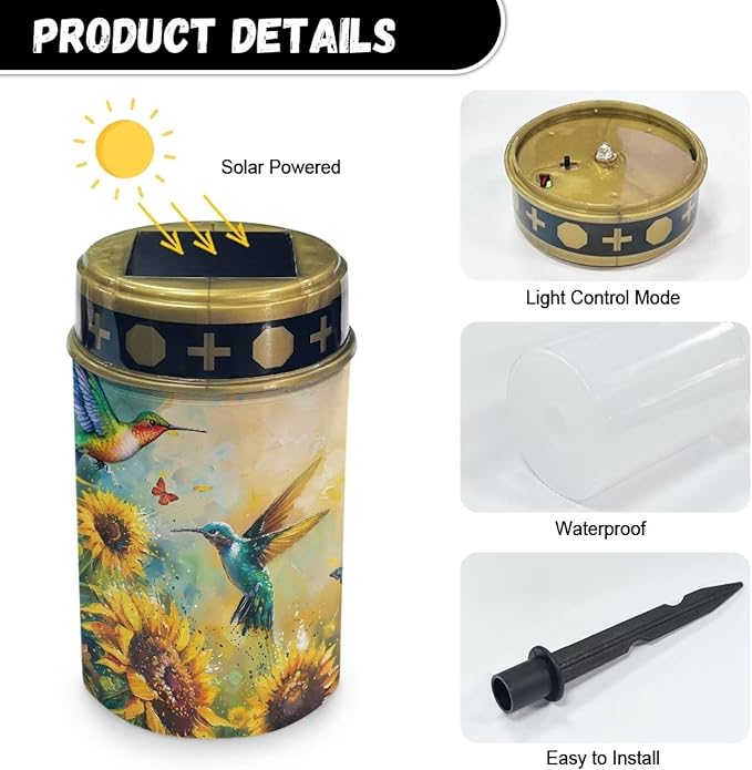 Hummingbird Sunflower Outdoor Garden Solar Lights Waterproof Solar Powered Lights Multipurpose Memorial Cemetery Decorations Auto On/Off Landscape Lights Outside Gift for Loss of Loved One