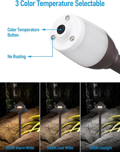 LEONLITE 3CCT Low Voltage Pathway Lights, LED Landscape Path Lights, 3000K/4000K/5000K, 2-Tier Pagoda Head, 12-15V AC/12-24V DC, IP65 Outdoor Walkway Light, Bronze Aluminum Housing, Pack of 6
