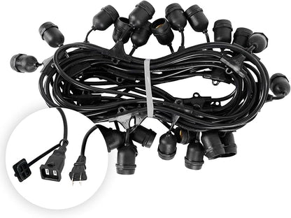 50-ft 25 Suspended Sockets E26 Commercial Patio Light Stringer, Heavy Duty Weatherproof SJTW Black Wire, 24" Spacing, 16 AWG, Cord Only