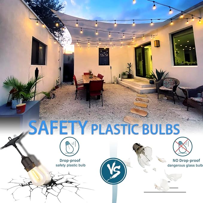 48FT Outdoor Waterproof String Lights with 25 Shatterproof Bulbs, IP65 Patio Lights for Garden Wedding Cafe - Tangle-Free Cables with Hooks (Warm White)