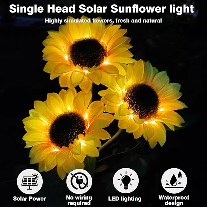 ZPSHYD Solar Sunflower Lights, IP65 Waterproof Outdoor Garden Auto ON/Off Solar Decorative Lights for Backyard, Flower Bed, Pathway, Porch, with 12 Lights (4PCS 3 Heads Sunflower)