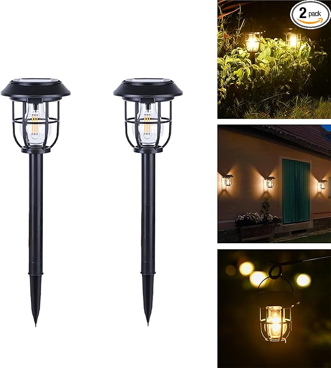 Solar Pathway Lights 2 Pack Motion Sensor, IP65 Waterproof, 120LM Warm White Tungsten Bulb for Garden Yard Lawn Decor