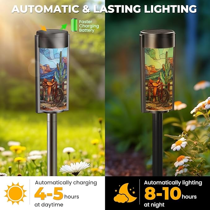 8 Pack Solar Pathway Lights Outdoor Waterproof Stained Glass Golden Sunset Western Border Design Solar Garden Lights LED Landscape Lighting for Yard Walkway Lawn Garden Decor