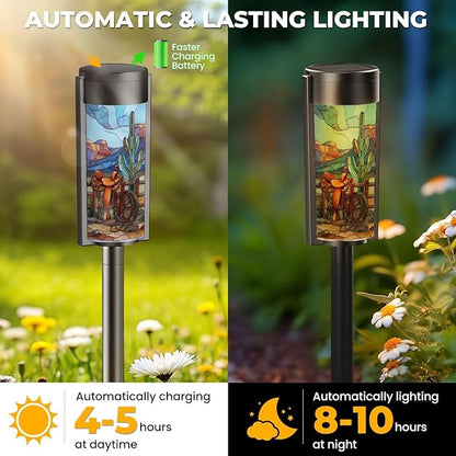 8 Pack Solar Pathway Lights Outdoor Waterproof Stained Glass Golden Sunset Western Border Design Solar Garden Lights LED Landscape Lighting for Yard Walkway Lawn Garden Decor