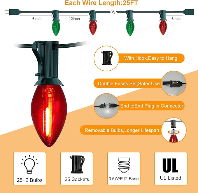 C7 LED Christmas Lights, 25FT Classic Christmas String Lights with 27 Clear Red and Green C7 LED Bulbs(2 Spare), Hanging Lights for Outdoor Patio Wedding Party Decor, Green Wire