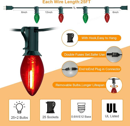 C7 LED Christmas Lights, 25FT Classic Christmas String Lights with 27 Clear Red and Green C7 LED Bulbs(2 Spare), Hanging Lights for Outdoor Patio Wedding Party Decor, Green Wire