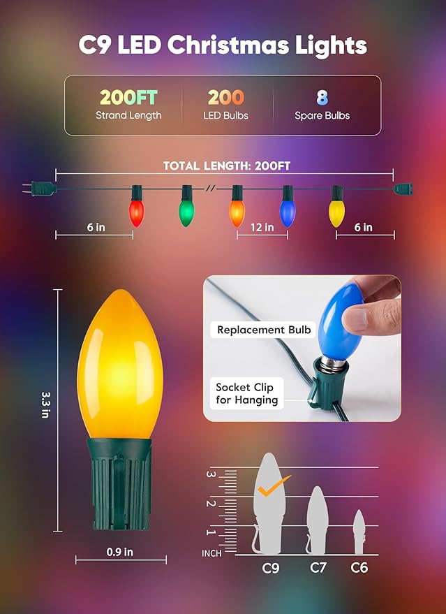 C9 LED Christmas Lights Outdoor, 200 Feet C9 String Light with 200 Shatterproof Matte Bulbs, Connectable Waterproof | Lumora
