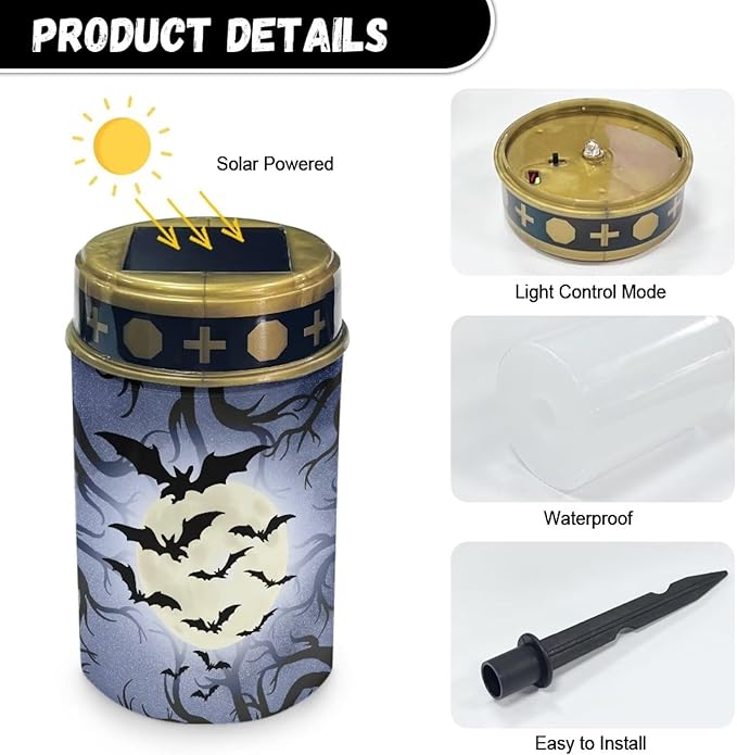 Bats Print Solar Lights Outdoor Waterproof Solar Garden Light Halloween Decoration for Outside Cemetery Grave Yard | Lumora