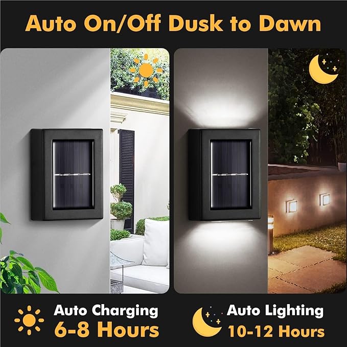 QUQUQ Solar Pathway Lights Solar Wall Lights Outdoor LED Up and Down Waterproof Power-Saving Yard Patio Decor(Cool White,4 Pack)