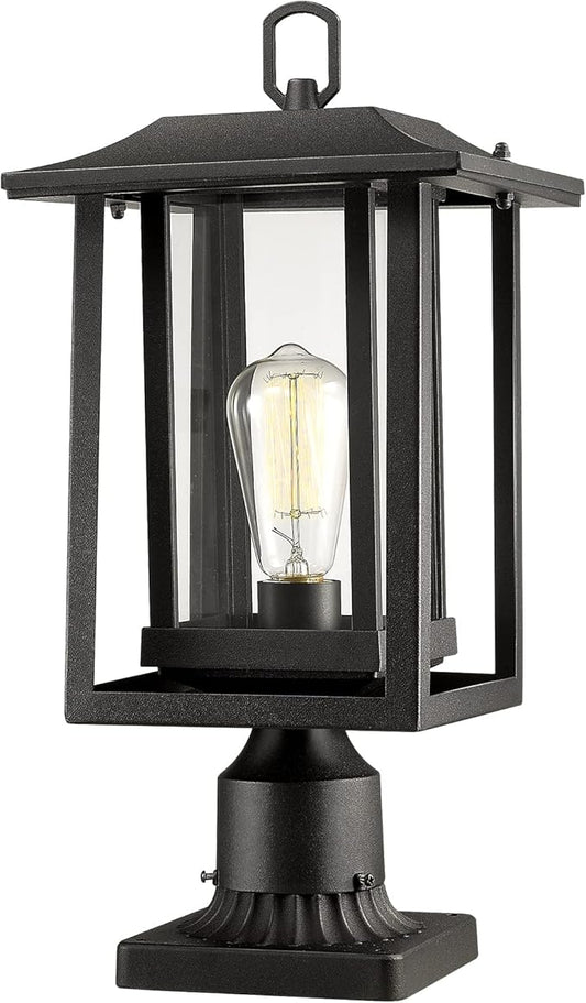 Beionxii Outdoor Post Light, Large Exterior Lamp Post Light Pier Mount Lantern with Base, Black Cast Aluminum w/Clear Glass (19" x 9") - A197P-1PK