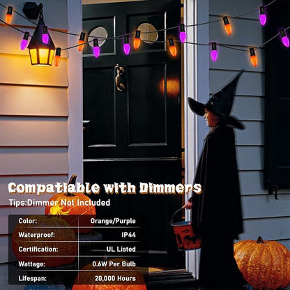 SUNSGNE C7 LED Halloween String Lights Outdoor, 25FT Orange Purple String Lights with 27 Shatterproof Plastic LED Bulbs(2 Spare) for Patio Balcony Backyard Decor, Black Wire