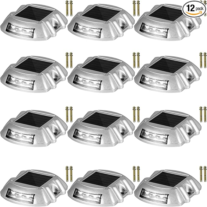 Happybuy 12-Pack Solar Driveway Lights: Bright White, 6 LEDs, Waterproof, Aluminum, Silver