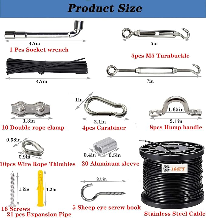 164FT Outdoor String Light Hanging Kit | Black Vinyl-Coated 304 Stainless Steel Wire Rope | Turnbuckles & Hooks | | Lumora